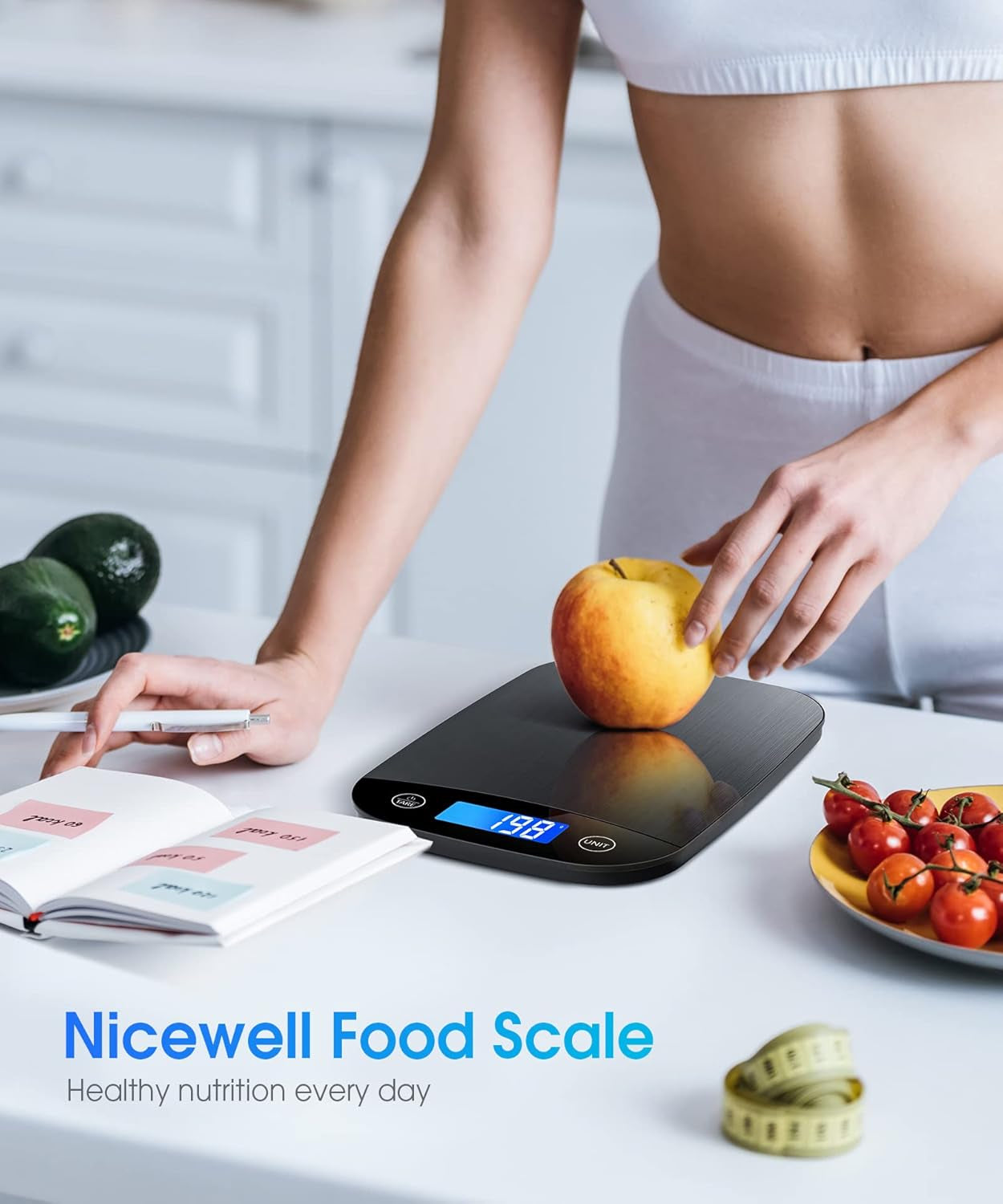 Food Scale 22Lbs Digital Kitchen Scale for Cooking Baking Weight Loss, Weighs in Grams and Ounce with 0.1Oz/1G Resolution, Sleek Design and Large LCD Screen